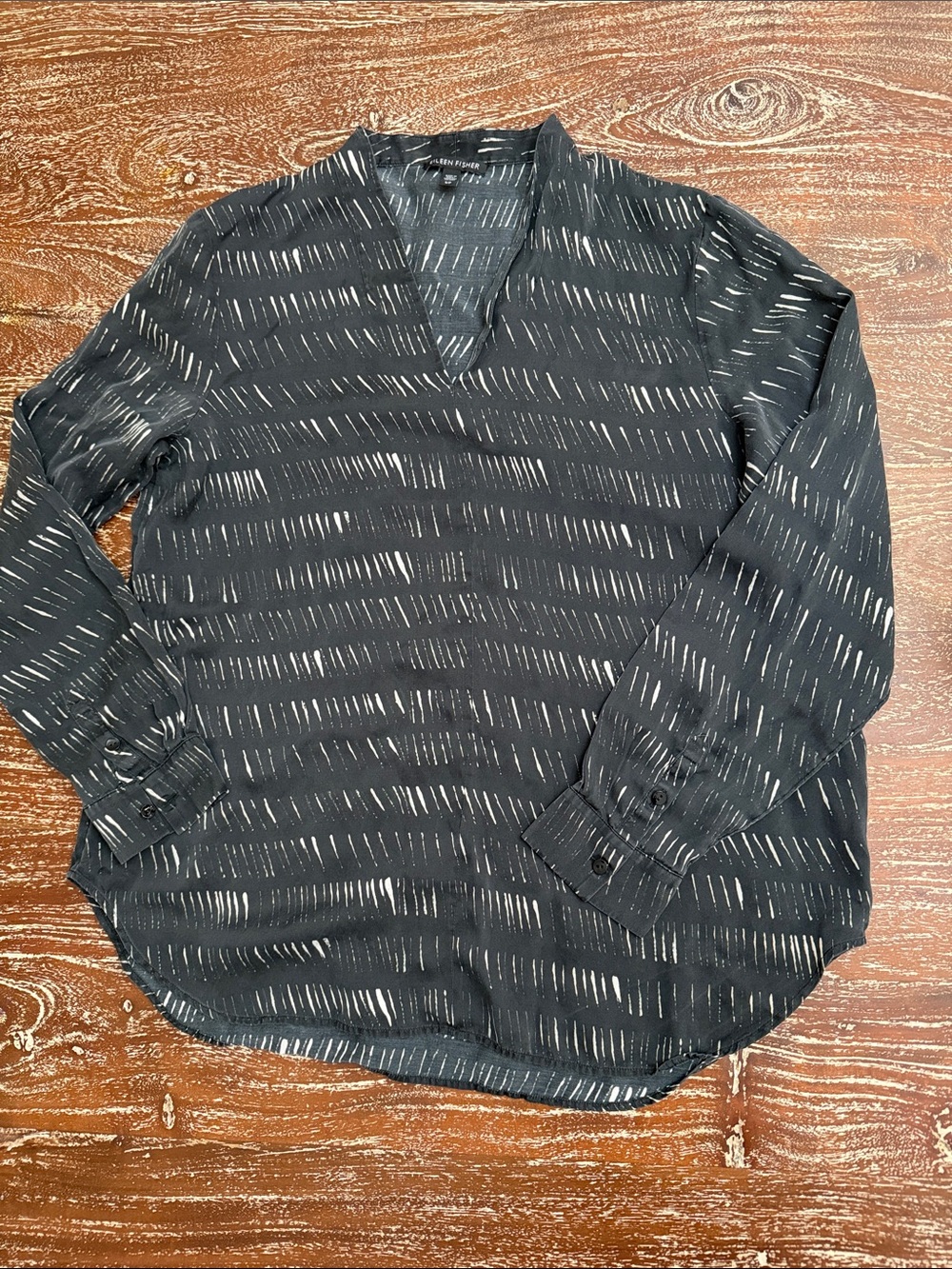 Eileen Fisher Black V-Neck Long Sleeve Blouse with White Dash Pattern
